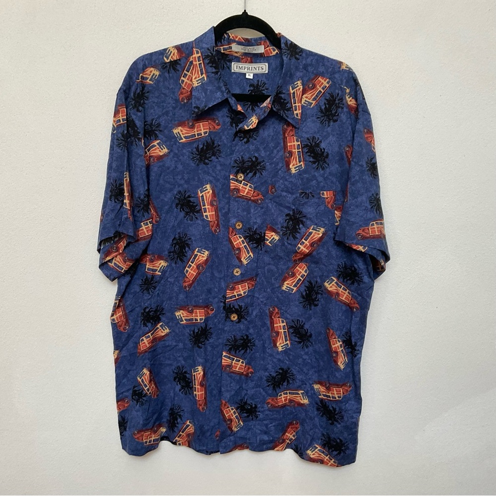 Imprints Blue, Black Tropical Car Print Short Sleeve Button Down Shirt Size XL